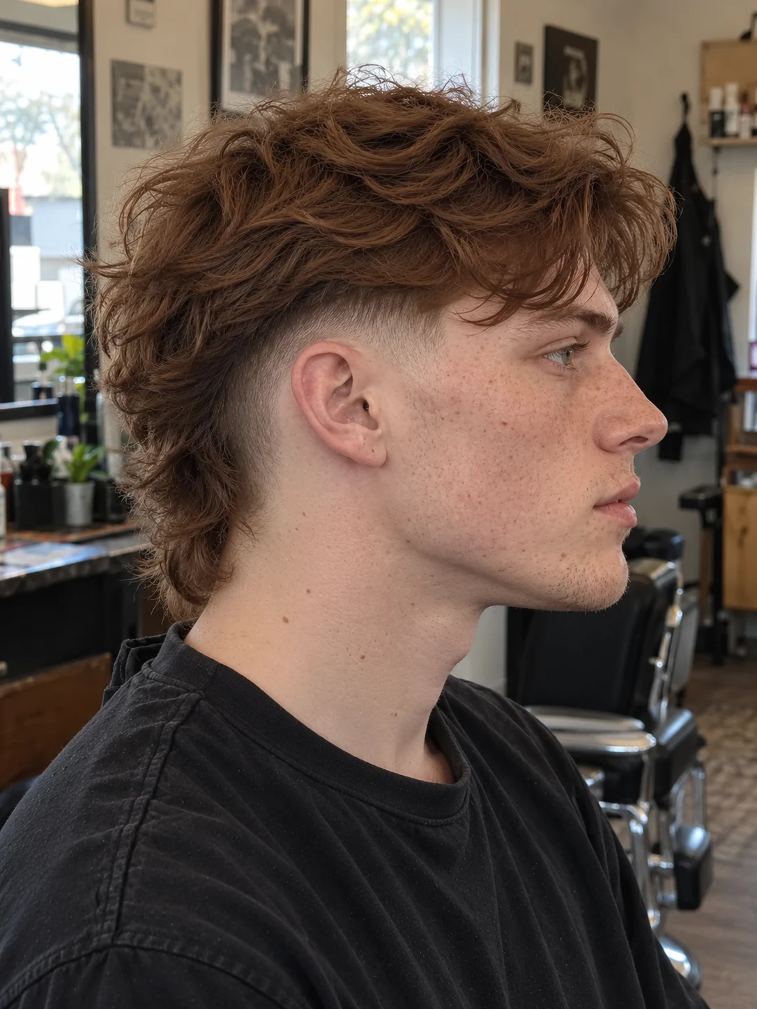 AI haircut concept: high drop fade with a layered wolf mullet, opposite-side view.