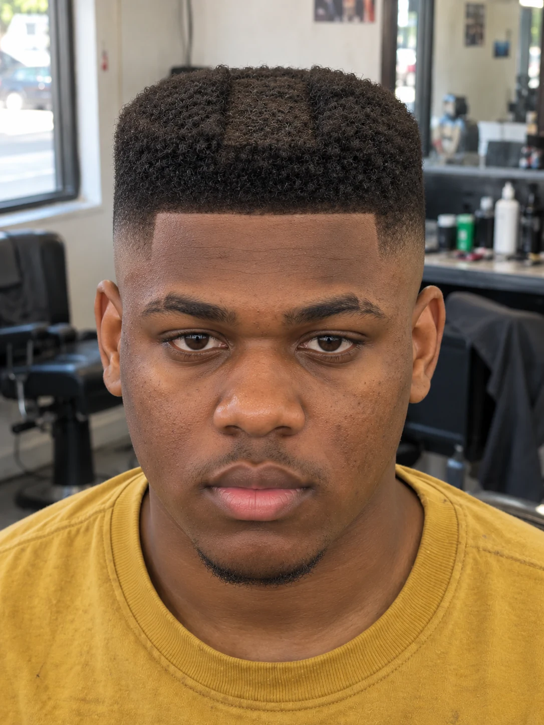 AI haircut concept: high skin fade with a recessed-centre flat top, front view.