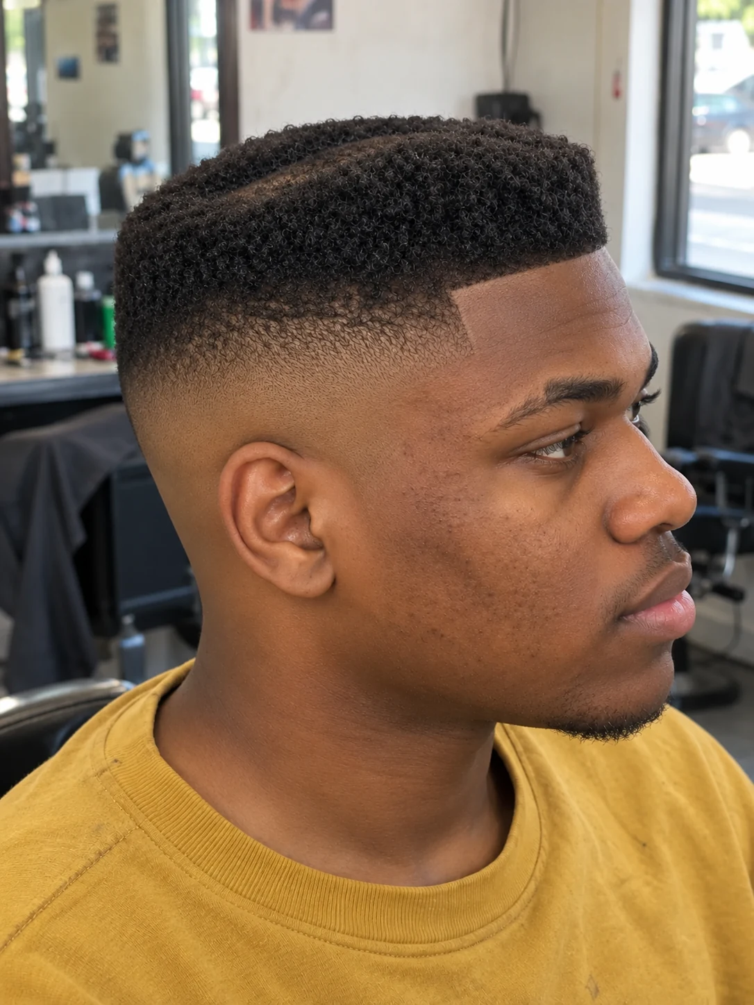 AI haircut concept: high skin fade with a recessed-centre flat top, opposite-side view.