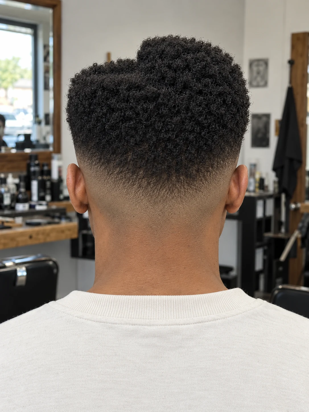 AI haircut concept: mid skin fade with a stepped coily top, rear view.