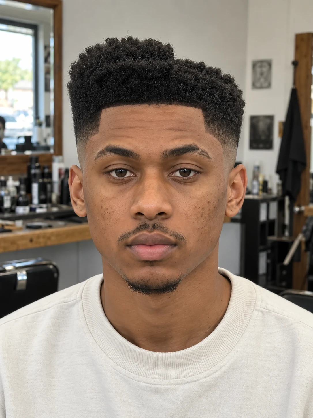 AI haircut concept: mid skin fade with a stepped coily top, front view.