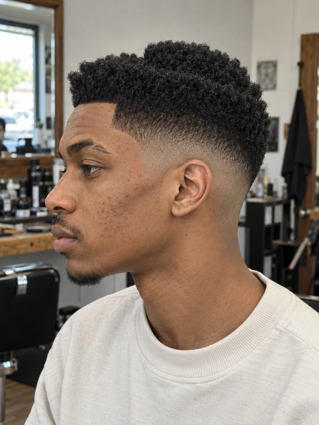 AI concept: mid skin fade with a stepped coily top, left-side near-profile view.