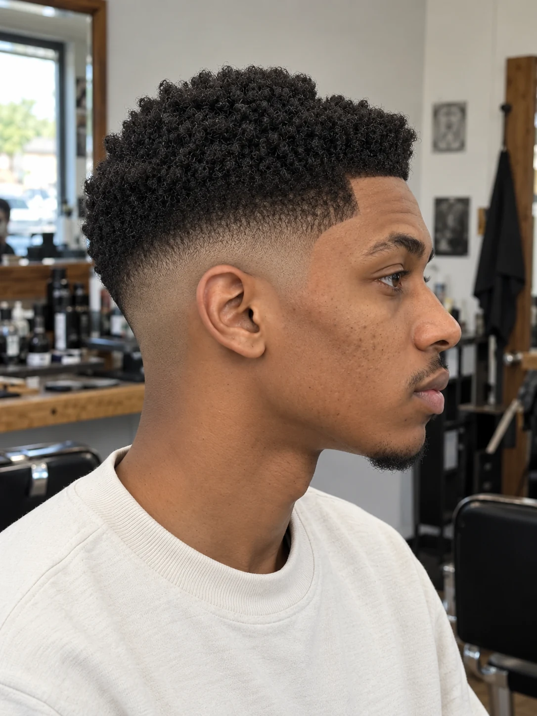 AI haircut concept: mid skin fade with a stepped coily top, opposite-side view.