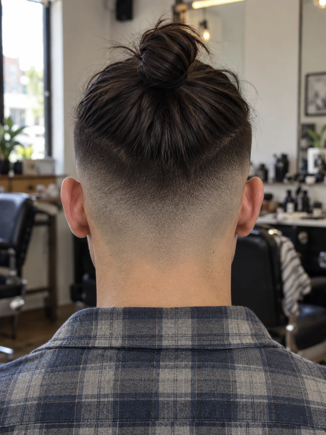 AI haircut concept: high skin fade with a compact topknot, rear view.