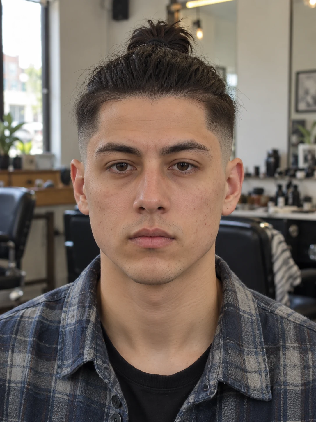 AI haircut concept: high skin fade with a compact topknot, front view.
