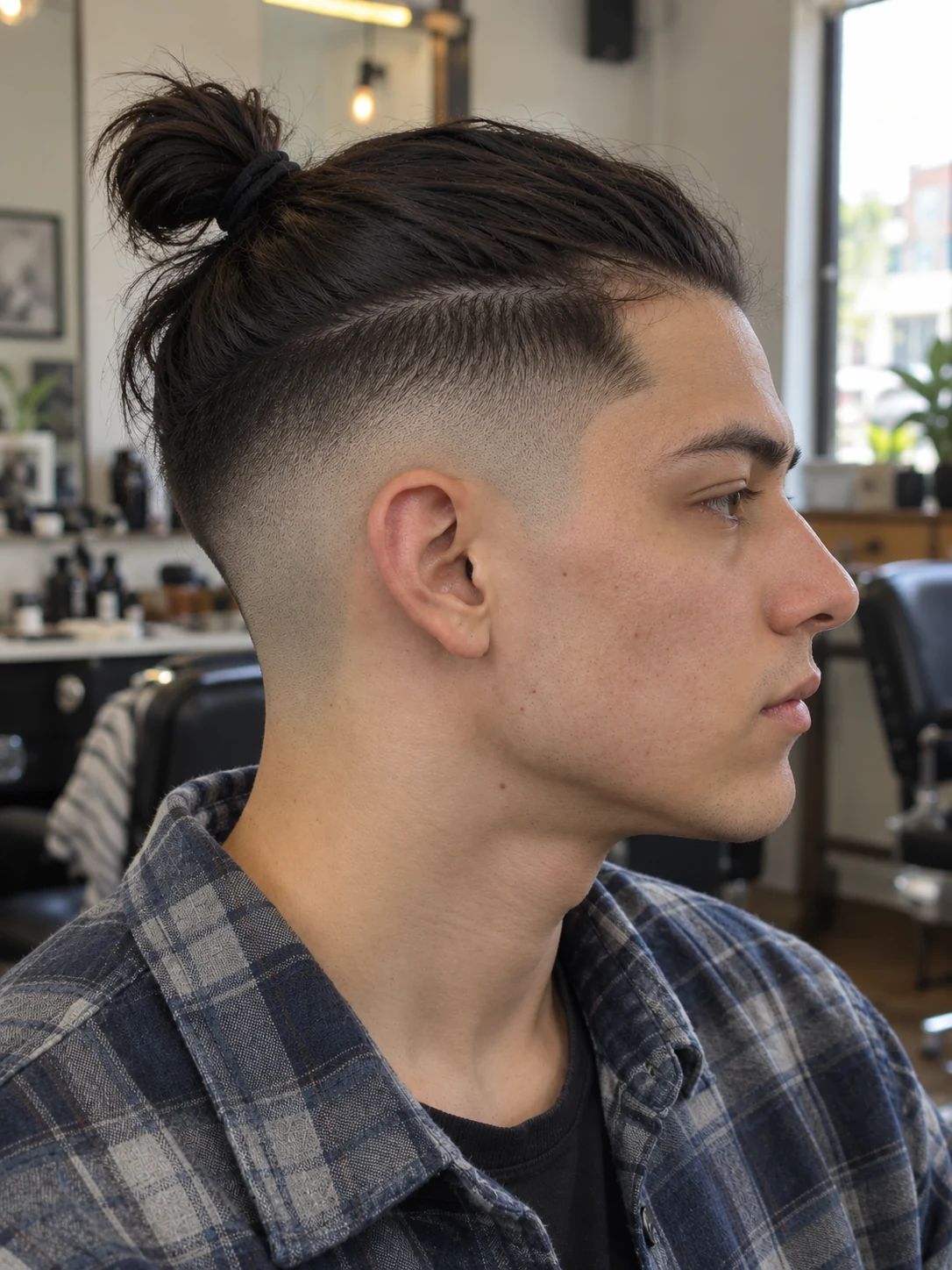 AI haircut concept: high skin fade with a compact topknot, opposite-side view.
